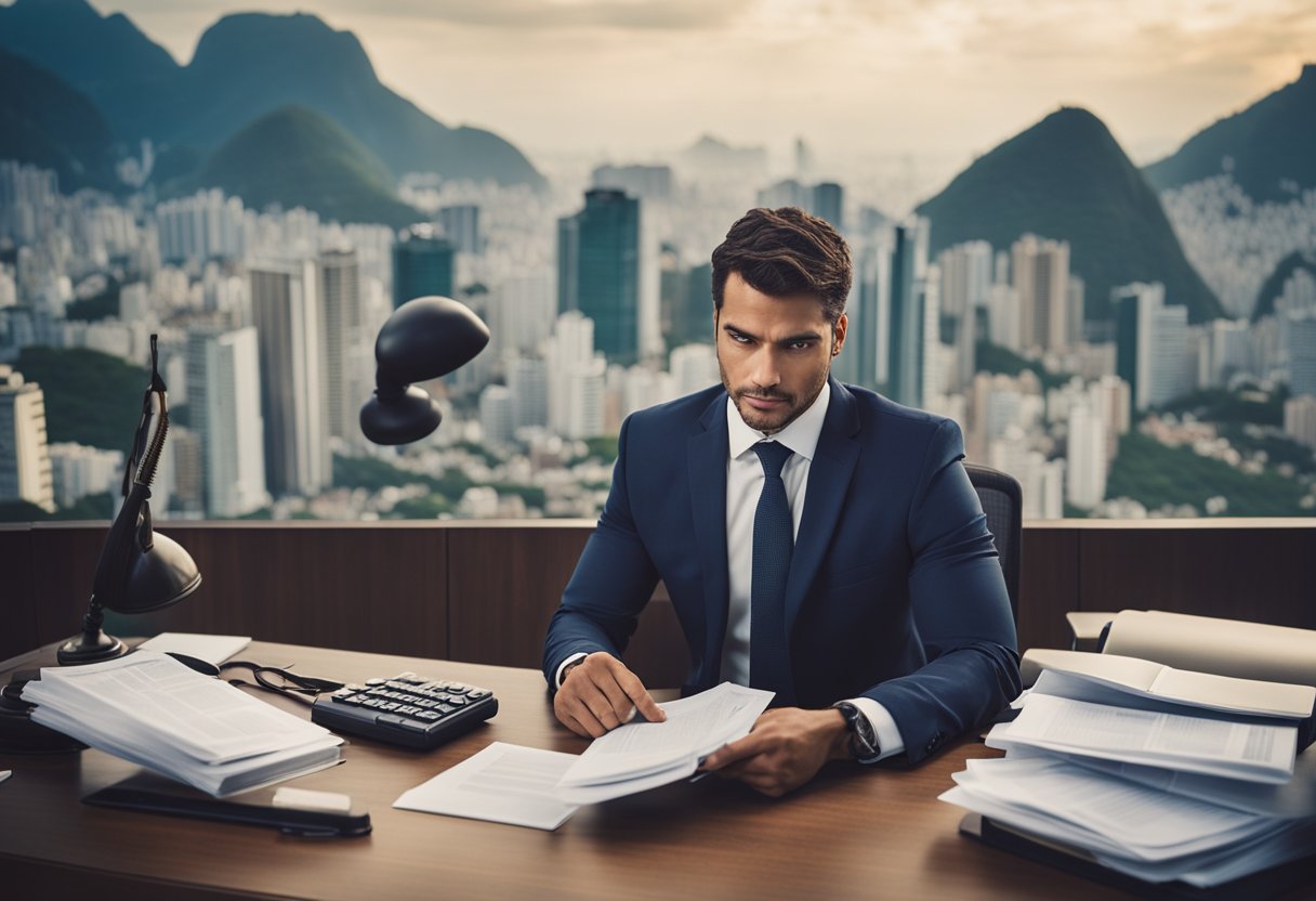 A criminal defense lawyer in Rio de Janeiro, facing challenges in managing their law office. City skyline in the background, with legal documents and case files scattered on the desk